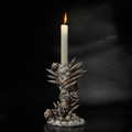 A lit white taper candle set in a decorative seashell and coral shell candle holder, photographed against a dark black background.