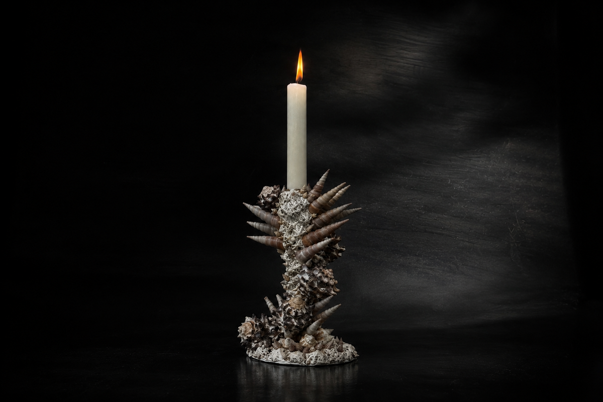 A white taper candle standing in a decorative holder made of natural conch shells and spiky coral-like elements, photographed against a very dark black background.