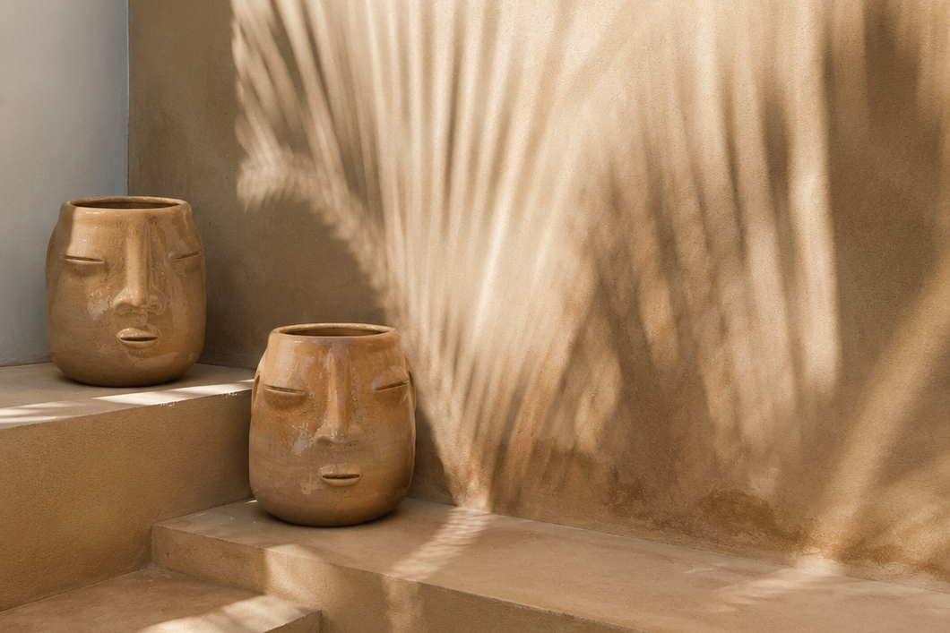 Two wooden face vases on a stone surface with a blurred natural background