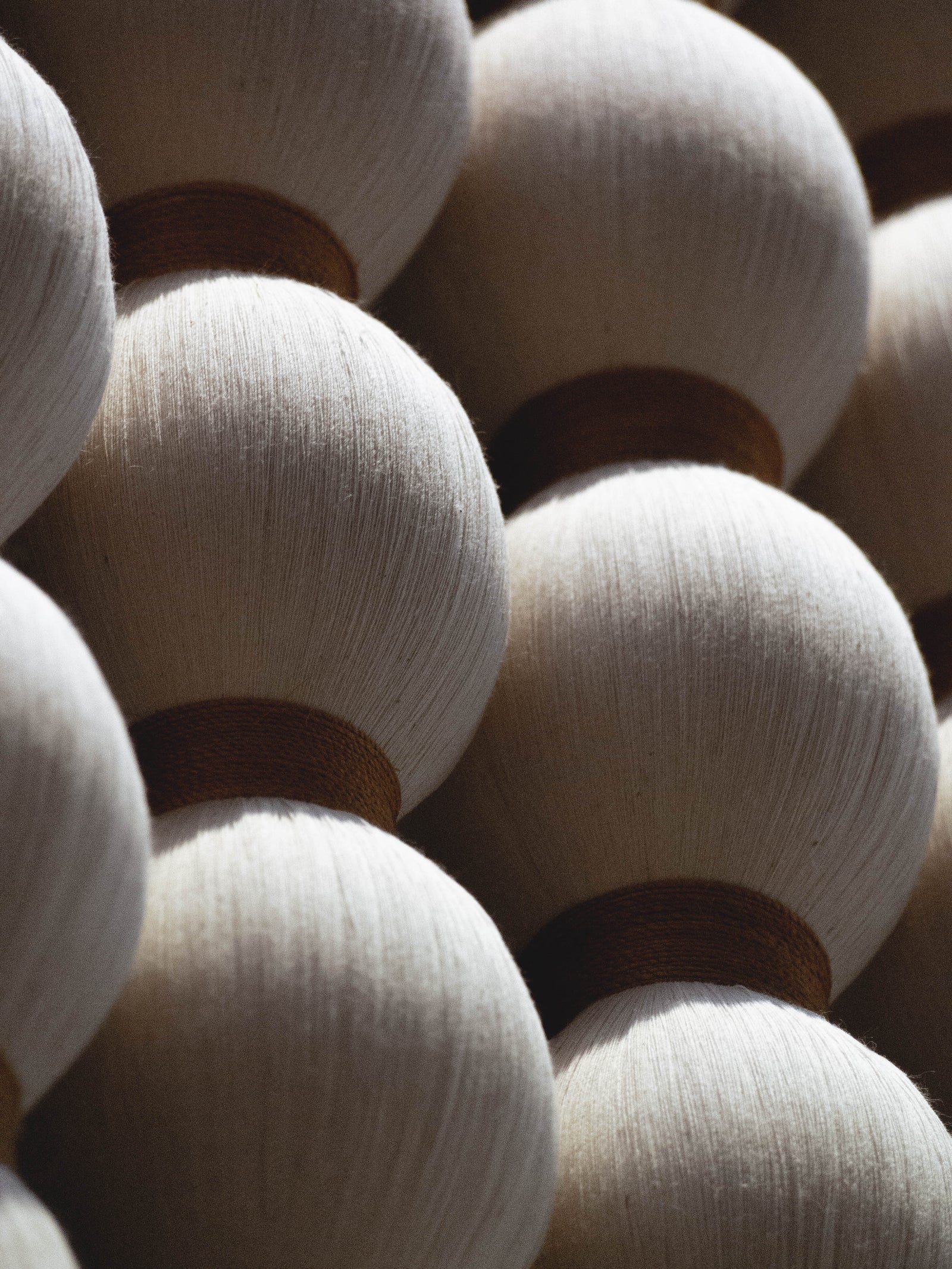 Close-up of wooden beads with a focus on texture and color variation.
