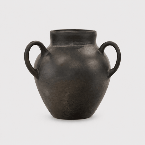 onyx handcrafted ceramic vase with two handles on a light gray background