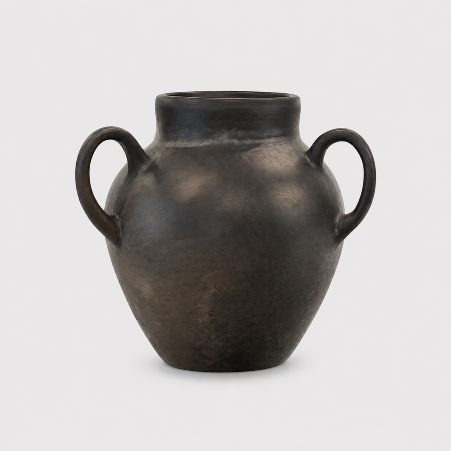 onyx handcrafted ceramic vase with two handles on a light gray background