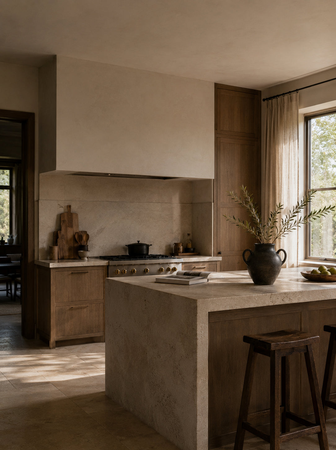 Modern kitchen with stone island, wooden cabinets, and large window - obakki design trade project