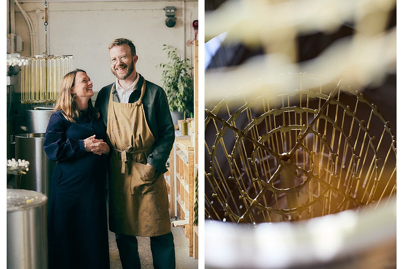 Two people in a kitchen setting with one wearing an apron, and a close-up of a gold decorative item.