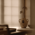 Vintage-style vase with dried flowers on a table in a softly lit room