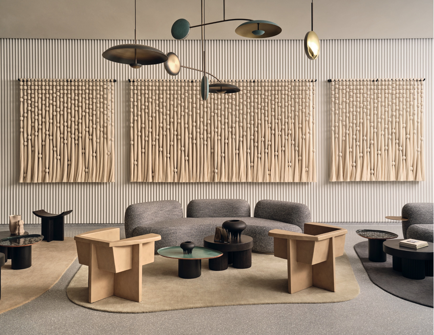 Handcrafted Caralarga wall installation used as feature art in a contemporary residential interior.