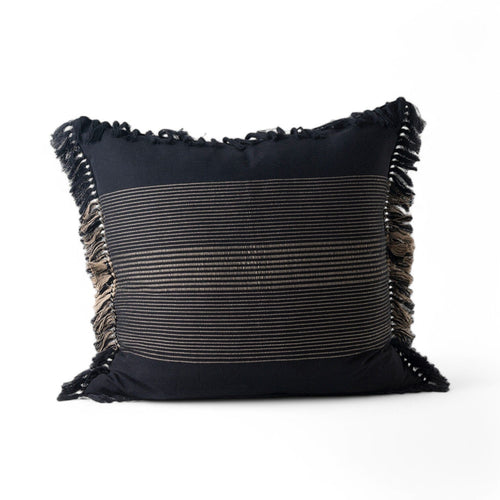 Fringed Cushion Cover | 31" Black-Camel Cushion Covers 