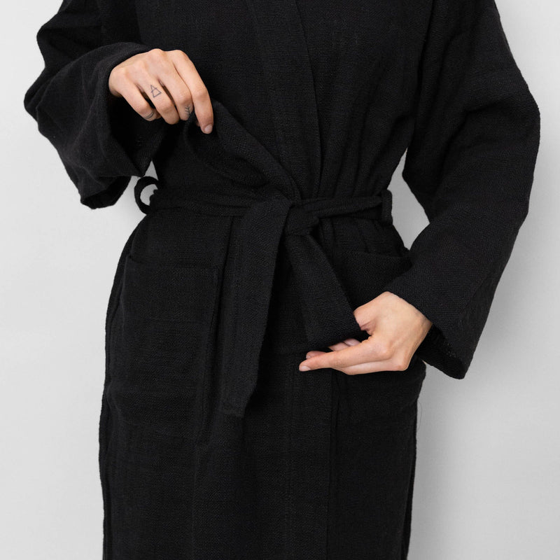 Turkish Linen Robe | Solid Black Textiles 