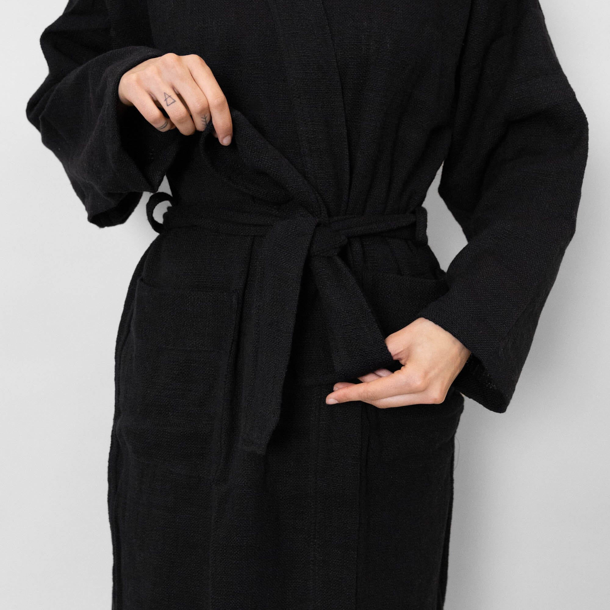 Turkish Linen Robe | Solid Black_Mizar & Alcor_201-60-1258-171BLKS | Obakki